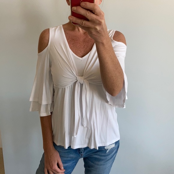 White Cold Shoulder Tie Front Top - Picture 3 of 14